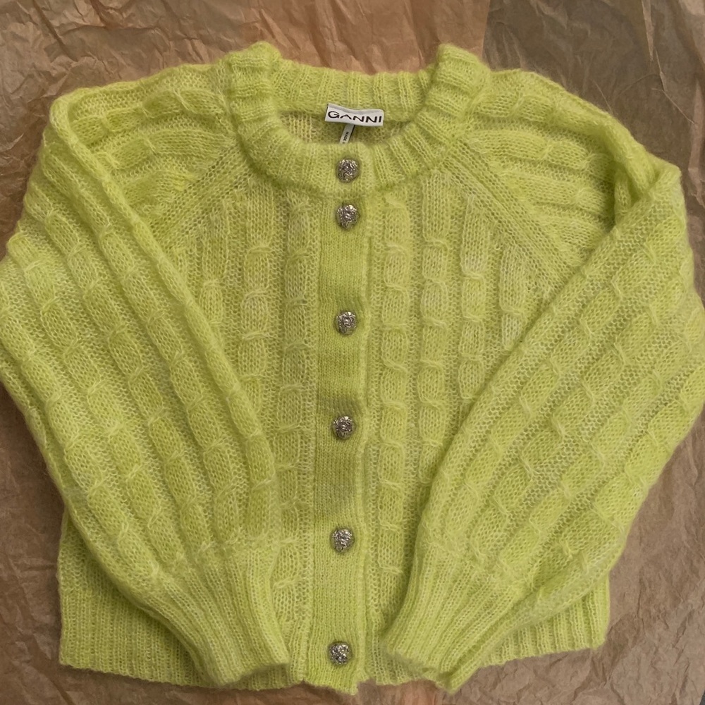 Ganni Acid Yellow Mohair Cardigan Sweater